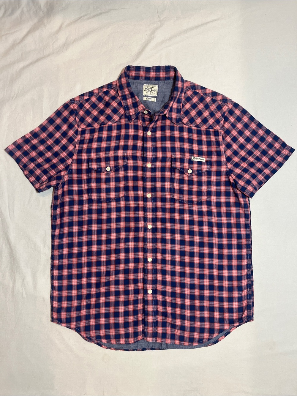 Lucky Brand Pink Navy Plaid Western Shirt Large